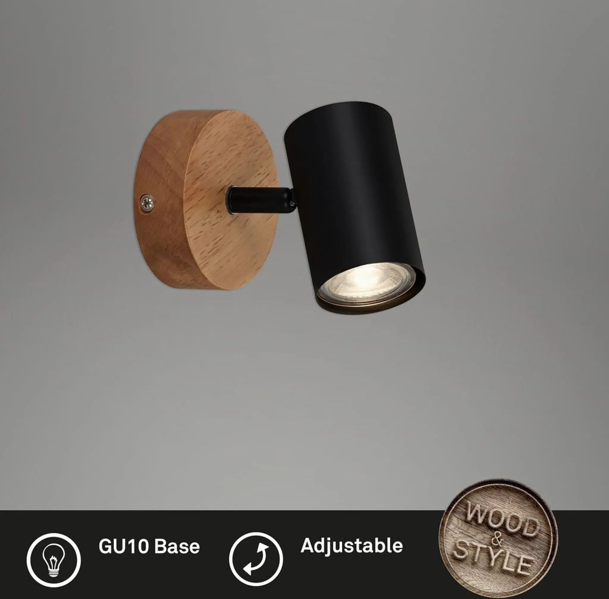Wandspot Retro – dreh- & schwenkbar, 1× GU10, Schwarz mit Holz